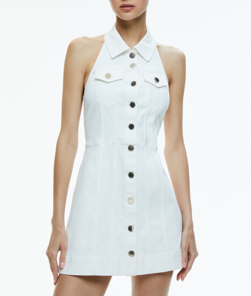 Alice + Olivia Kendall Denim Halter Mini Dress US 6 White Cowgirl Western Boho